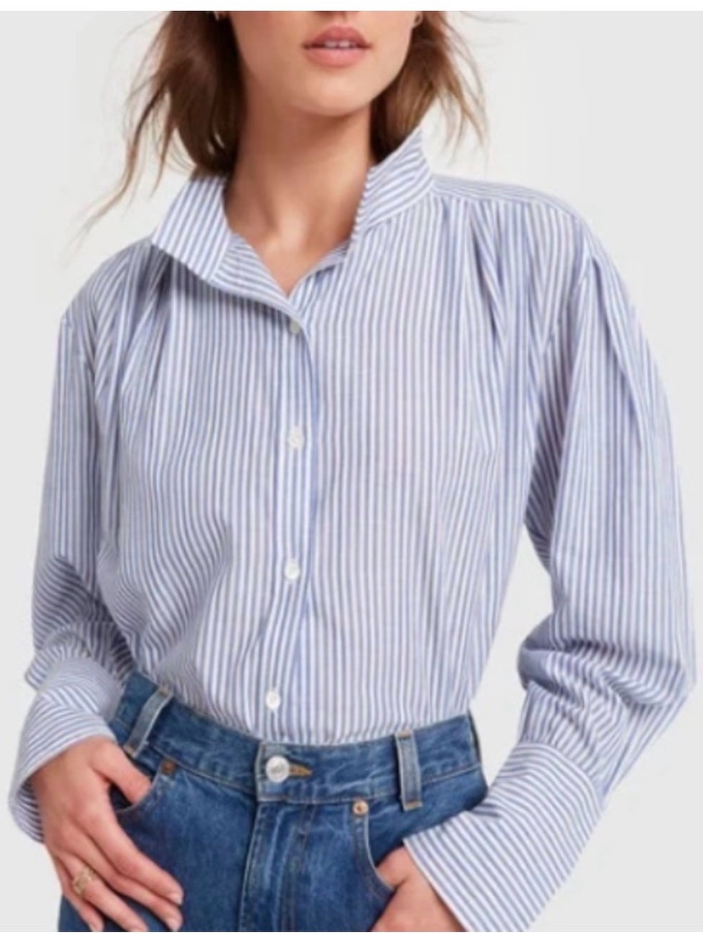 FRAME Button Up Poplin Shirt Sz M Oversized 100% Cotton Pleated Striped Preppy